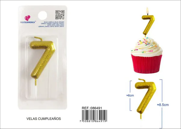 Vela de cumpleaños número 7 dorada con escarcha dorada 6 cm