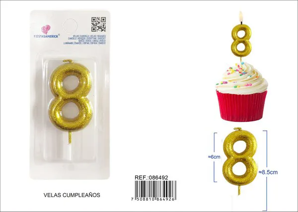 Vela de cumpleaños número 8 dorada con escarcha dorada 6 cm