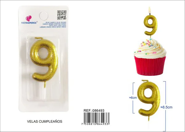 Vela de cumpleaños número 9 dorada con escarcha dorada 6 cm
