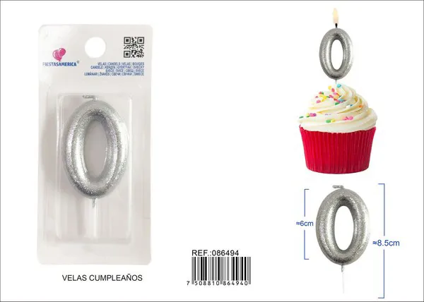 Vela de cumpleaños número 0 plateada con escarcha plateada 6 cm