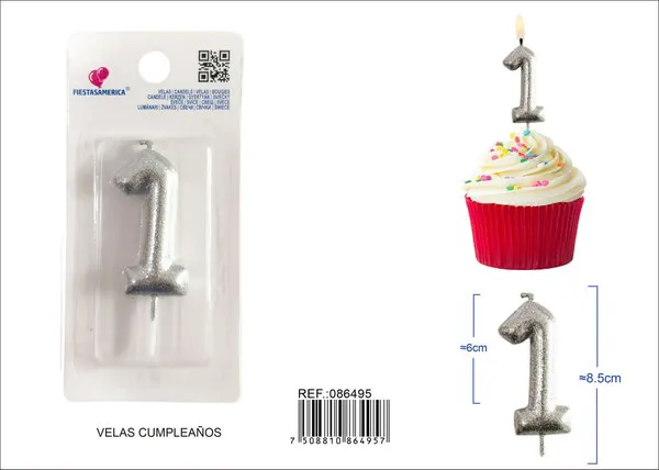 Vela de cumpleaños número 1 plateada con escarcha plateada 6 cm