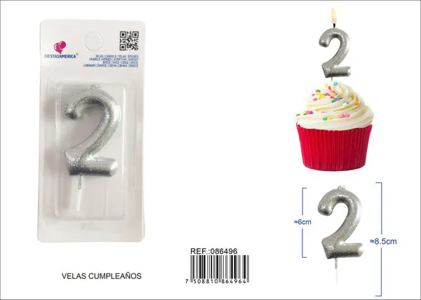 Vela de cumpleaños número 2 plateada con escarcha plateada 6 cm
