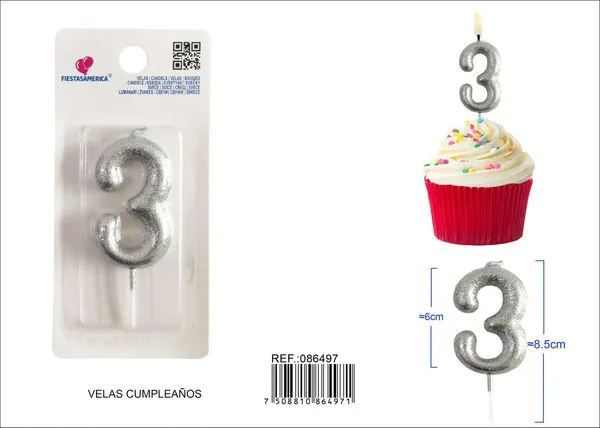 Vela de cumpleaños número 3 plateada con escarcha plateada 6 cm