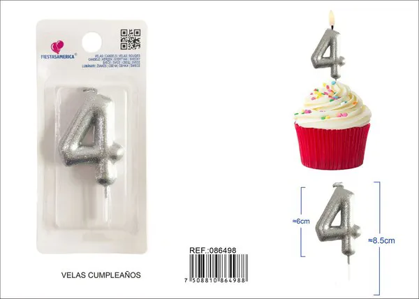 Vela de cumpleaños número 4 plateada con escarcha plateada 6 cm