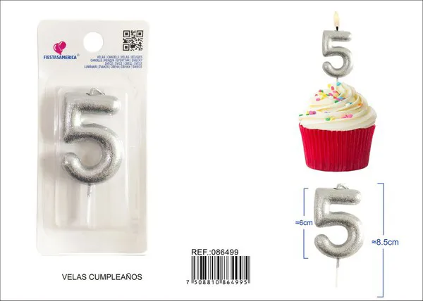 Vela de cumpleaños número 5 plateada con escarcha plateada 6 cm