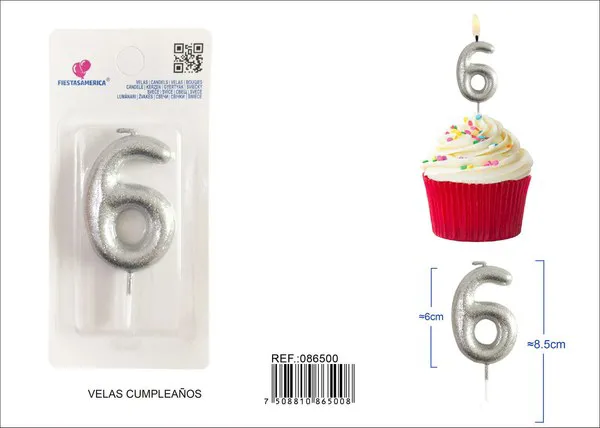 Vela de cumpleaños número 6 plateada con escarcha plateada 6 cm