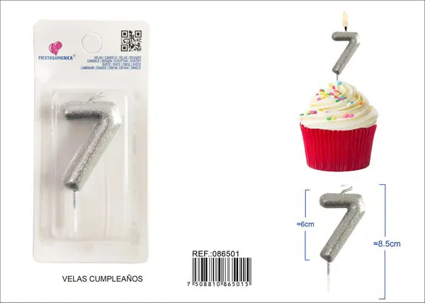 Vela de cumpleaños número 7 plateada con escarcha plateada 6 cm