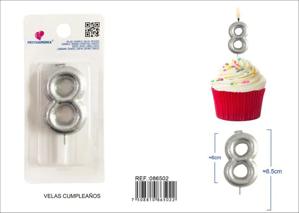 Vela de cumpleaños número 8 plateada con escarcha plateada 6 cm