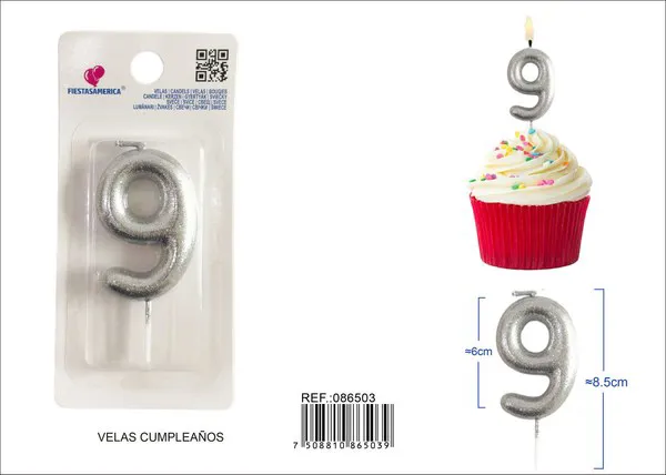 Vela de cumpleaños número 9 plateada con escarcha plateada 6 cm