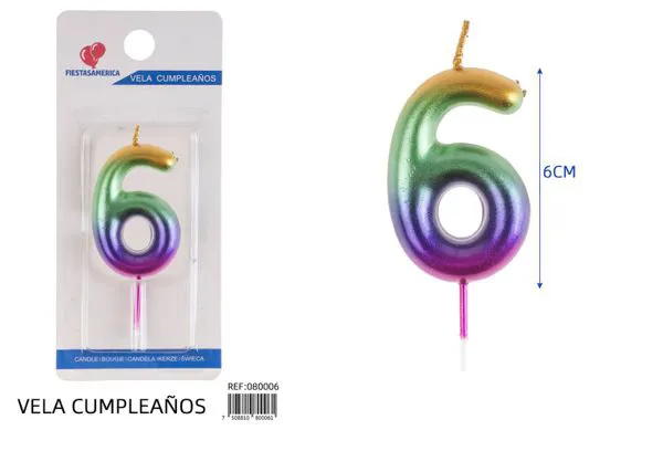 Vela de cumpleaños número 6 degradado 6 cm