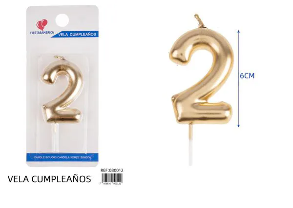 Vela de cumpleaños número 2 dorada 6 cm