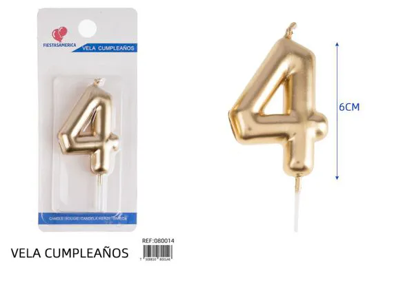 Vela de cumpleaños número 4 dorada 6 cm