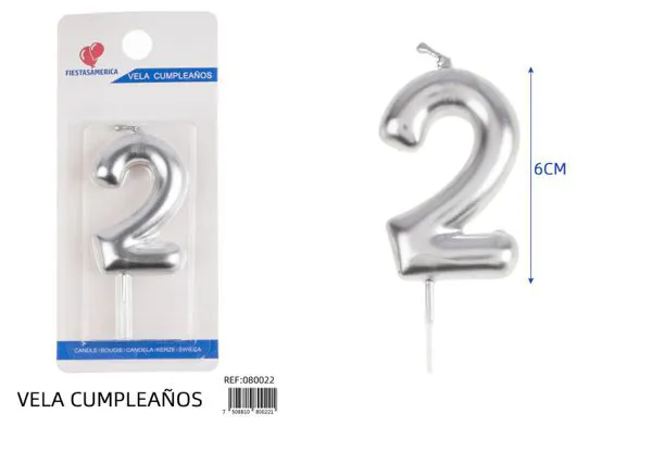 Vela de cumpleaños número 2 plateada 6 cm