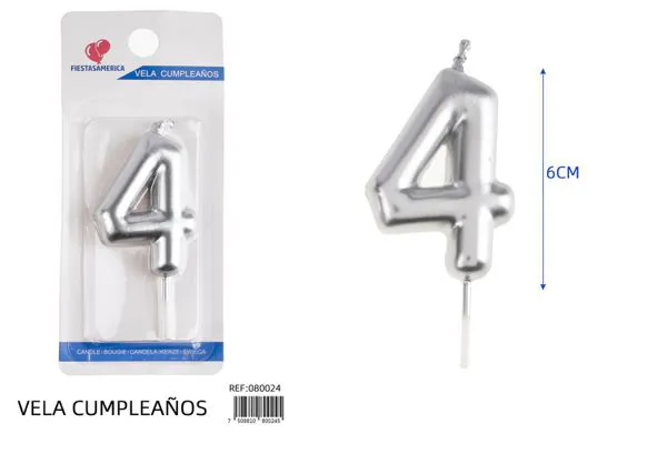 Vela de cumpleaños número 4 plateada 6 cm