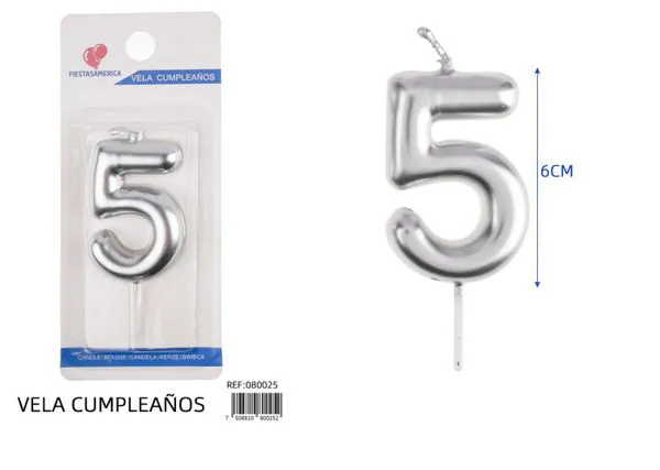Vela de cumpleaños número 5 plateada 6 cm