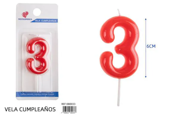 Vela de cumpleaños número 3 roja 6 cm