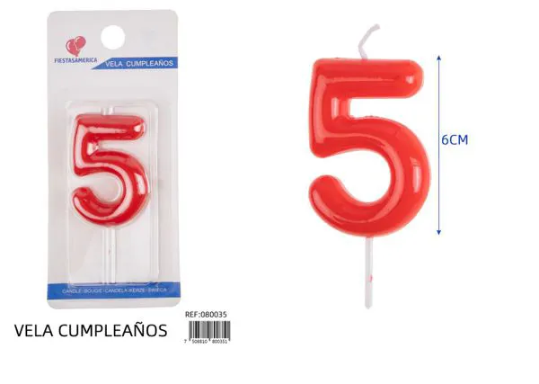 Vela de cumpleaños número 5 roja 6 cm