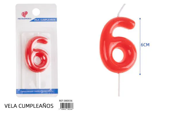 Vela de cumpleaños número 6 roja 6 cm
