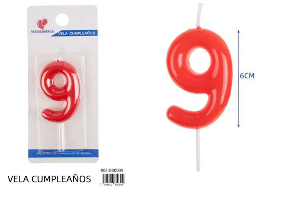 Vela de cumpleaños número 9 roja 6 cm