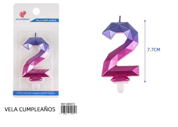 Vela de cumpleaños número 2 degradado poligonal 7.7 cm