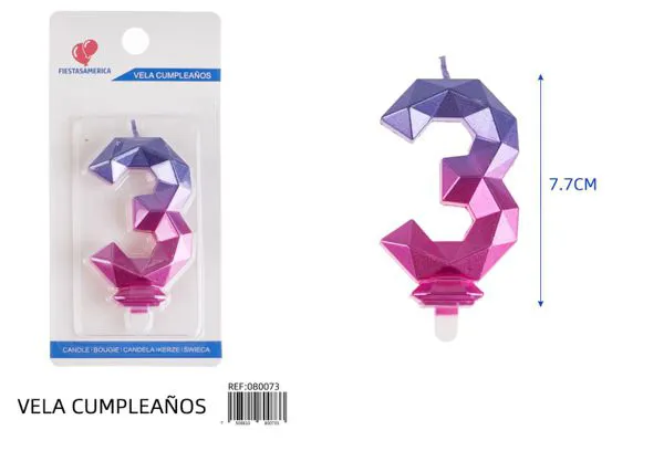 Vela de cumpleaños número 3 degradado poligonal 7.7 cm