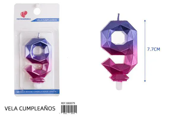 Vela de cumpleaños número 9 degradado poligonal 7.7 cm