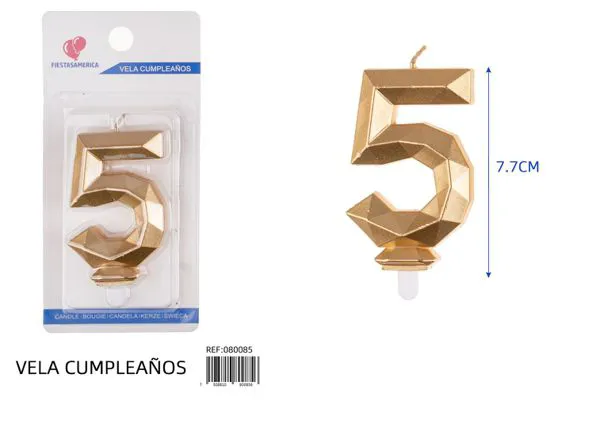 Vela de cumpleaños número 5 dorada poligonal 7.7 cm