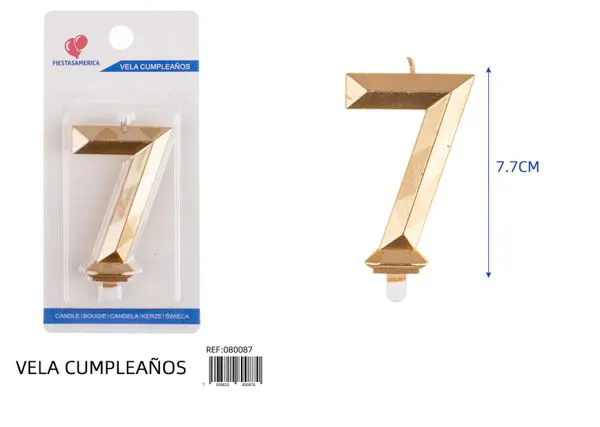 Vela de cumpleaños número 7 dorada poligonal 7.7 cm