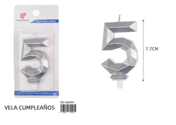 Vela de cumpleaños número 5 plateada poligonal 7.7 cm