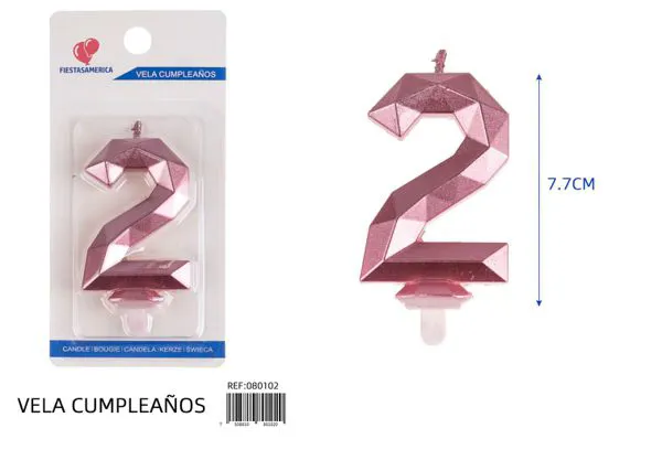 Vela de cumpleaños número 2 dorada poligonal 7.7 cm