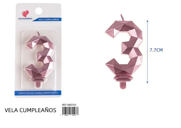 Vela de cumpleaños número 3 dorada poligonal 7.7 cm