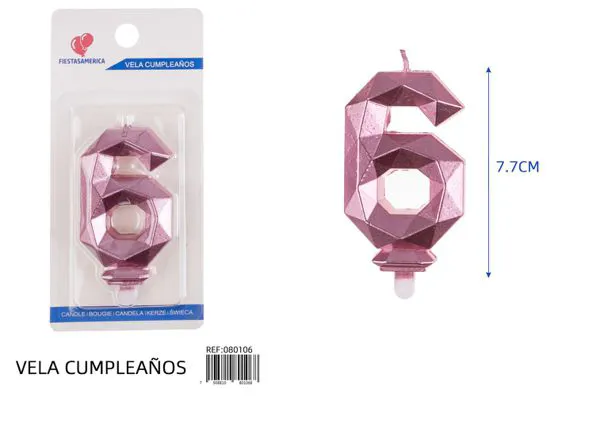 Vela de cumpleaños número 6 dorada poligonal 7.7 cm