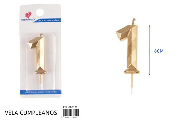 Vela de cumpleaños número 1 dorada poligonal 6 cm
