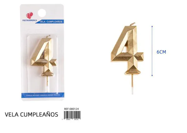 Vela de cumpleaños número 4 dorada poligonal 6 cm