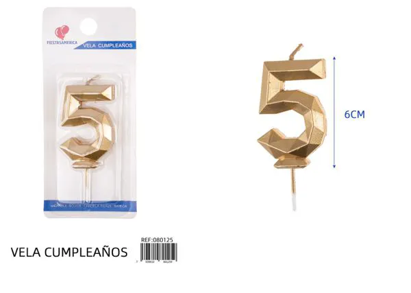 Vela de cumpleaños número 5 dorada poligonal 6 cm