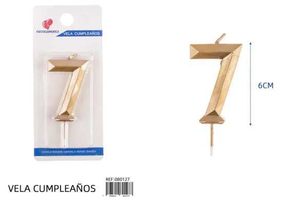 Vela de cumpleaños número 7 dorada poligonal 6 cm