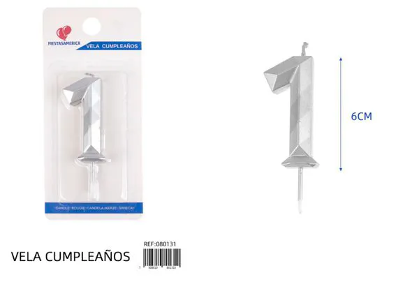 Vela de cumpleaños número 1 plateada poligonal 6 cm