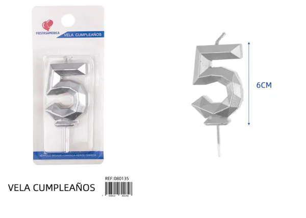 Vela de cumpleaños número 5 plateada poligonal 6 cm