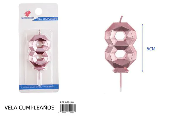 Vela de cumpleaños número 8 dorada poligonal 6 cm