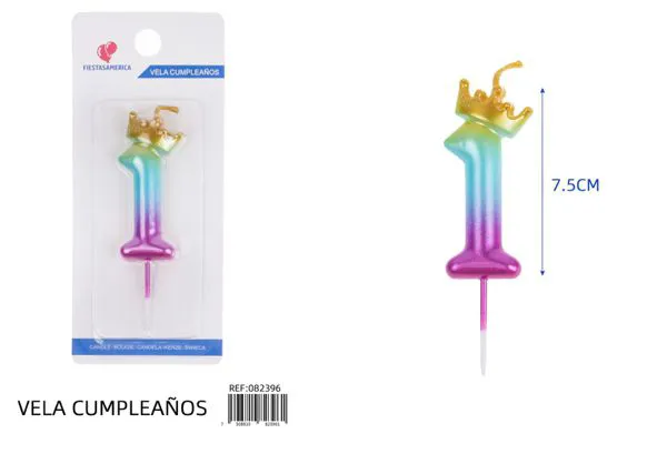 Vela de cumpleaños número 1 degradado con corona 7.5 cm