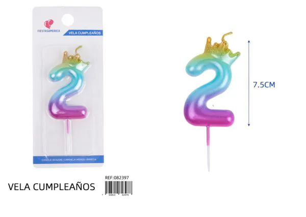 Vela de cumpleaños número 2 degradado con corona 7.5 cm