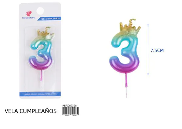 Vela de cumpleaños número 3 degradado con corona 7.5 cm