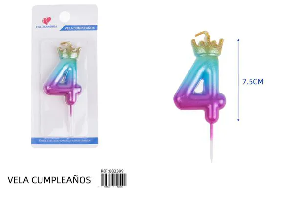 Vela de cumpleaños número 4 degradado con corona 7.5 cm
