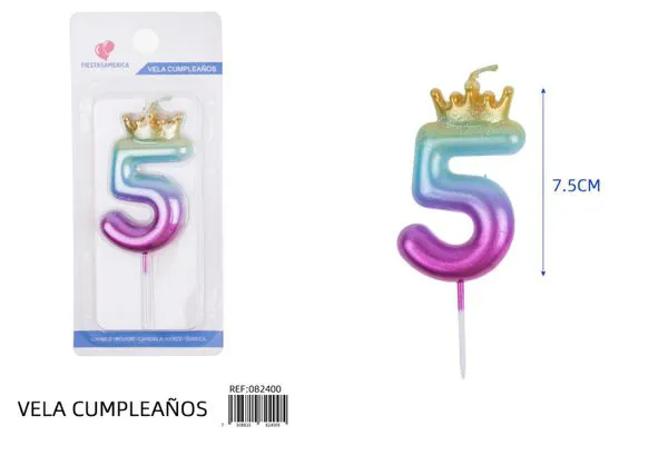 Vela de cumpleaños número 5 degradado con corona 7.5 cm