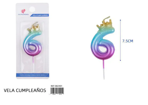 Vela de cumpleaños número 6 degradado con corona 7.5 cm