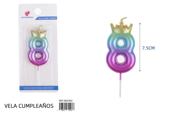 Vela de cumpleaños número 8 degradado con corona 7.5 cm