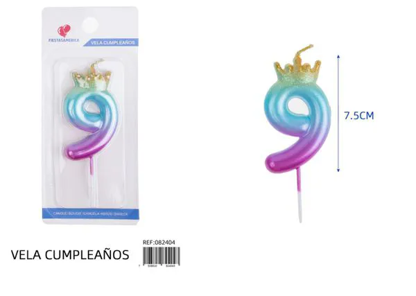 Vela de cumpleaños número 9 degradado con corona 7.5 cm