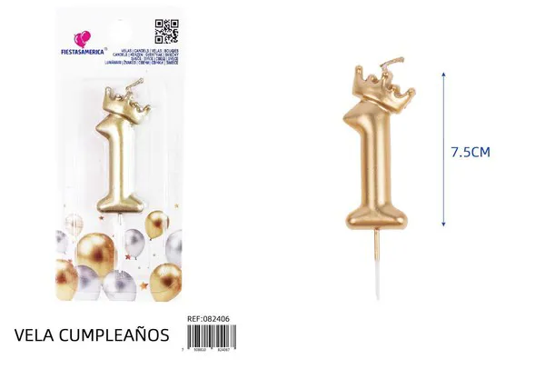 Vela de cumpleaños número 1 dorada con corona 7.5 cm