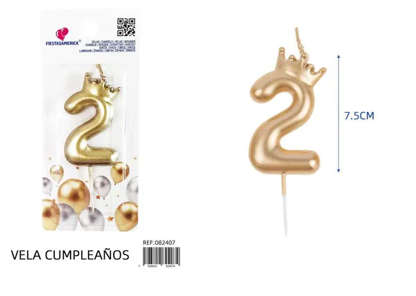 Vela de cumpleaños número 2 dorada con corona 7.5 cm