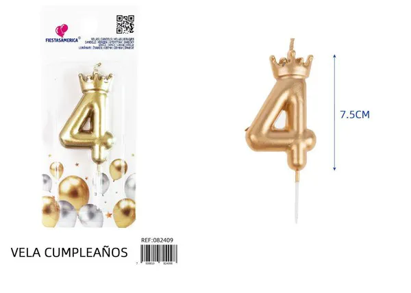 Vela de cumpleaños número 4 dorada con corona 7.5 cm